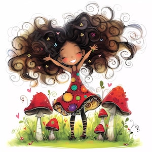 Fille champignon Clip Art 10 haute résolution aquarelle JPG indésirable journalisation, scrapbooking fabrication de cartes Kit de téléchargement numérique Fantasy forêt originale