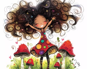 Mushroom girl Clip Art 10 High Res Watercolor JPG Junk Journaling, Scrapbooking Card Making Digital Download Kit Fantasy quirky forest