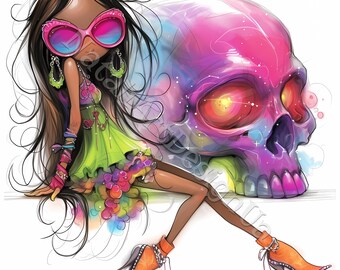May include: Illustration of a stylish woman with long brown hair, wearing a green dress, orange heels, and pink sunglasses. A large, colorful skull is in the background, with pink, purple, and blue hues. The artwork has a whimsical, artistic style.