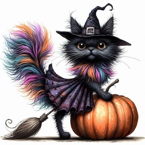 Clipart de gato negro caprichoso 12 JPG de acuarela de alta resolución para diarios basura Scrapbooking Fabricación de tarjetas Descarga digital Fantasía Halloween