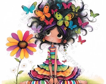 Colorful flower girl Clipart 10 High Res Watercolor JPGs for Junk Journals Scrapbooking Card Making Digital Download Fantasy quirky girl