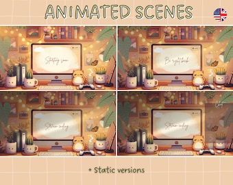 4 Animated Cozy Stream Screens for Twitch, Aesthetic Study, Chill Screen | Starting Soon, Be Right Back, Stream Ending Scene, Earthy Colors
