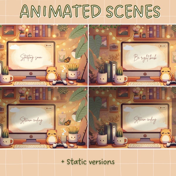 4 Animated Cozy Stream Screens for Twitch, Aesthetic Study, Chill Screen | Starting Soon, Be Right Back, Stream Ending Scene, Earthy Colors