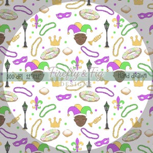 Könnte beinhalten: Ein sich wiederholendes Muster mit Mardi-Gras-Elementen. Das Design umfasst Narrenhüte, Masken, Perlen, Kronen, Fleur-de-Lis und Donuts in Lila, Grün, Gelb und Weiß. Der Text "Firefly & Fig Designs" und "Hand drawn" sind ebenfalls vorhanden.