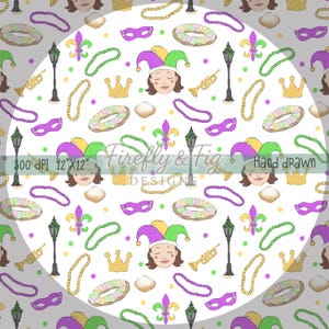 May include: A hand-drawn, repeating pattern featuring Mardi Gras elements. The design includes jester faces, crowns, masks, beads, fleur-de-lis, trumpets, and king cakes in purple, green, yellow, and white. The text "Firefly & Fig Designs" and "Hand drawn" are also present.