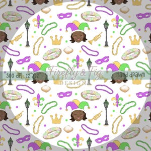 May include: A repeating pattern featuring Mardi Gras elements. The design includes jester faces, masks, crowns, beads, trumpets, fleur-de-lis, and king cake. The text "Firefly & Fig Design" and "Hand drawn" are also present. The background is white.