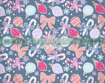May include: A hand-drawn Christmas-themed pattern featuring ornaments, bows, candy canes, and snowflakes in shades of pink, purple, and blue on a blue grid background. The text "300 DPI 12"X12"" is visible. The design is by Firefly & Fig Designs.