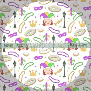 May include: A hand-drawn pattern featuring Mardi Gras elements. The design includes jester faces, crowns, masks, beads, fleur-de-lis, and king cakes in a repeating layout. The text "Firefly & Fig Design" and "Hand drawn" are also present.