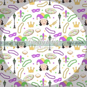 May include: A hand-drawn, repeating pattern featuring Mardi Gras elements. The design includes smiling faces wearing jester hats, masks, crowns, beads, fleur-de-lis, and trumpets in purple, green, gold, and white. The text "Firefly & Fig Designs" and "Hand drawn" are also present.