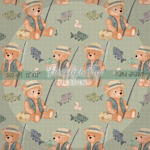 May include: A repeating pattern featuring teddy bears dressed as fishermen, complete with fishing rods, vests, and hats. The design includes fish, tackle boxes, and the text "Firefly & Fig Designs" and "Hand drawn" on a light green background.