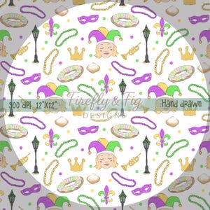 May include: A repeating pattern featuring Mardi Gras elements. The design includes jester faces, masks, crowns, beads, fleur-de-lis, and king cakes in a watercolor style. The text "Firefly & Fig Designs" and "Hand drawn" are also present.