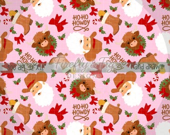Pink Western Coquette Cow Santa Cowboy Ho Ho Howdy Seamless Pattern 300 DPI PNG Instant Download Digital Paper Vinyl Fabric Surface Design