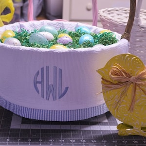 Easter Basket liner with band will fit Pottery Barn Sabrina Small or similar 10-12&quot; basket.  White seersucker with button closure.
