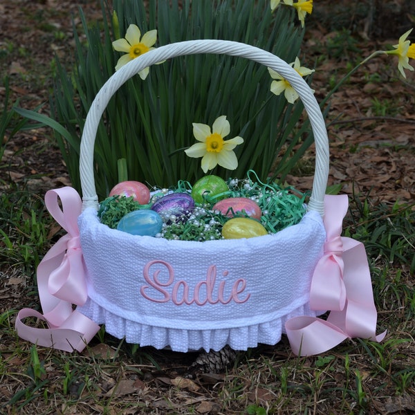 Custom White Seersucker Basket Liner w/ruffles/bows.  Lined fits 10-12" Pottery Barn Sabrina SMALL  or similar style basket.