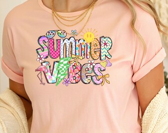 Colorful Summer Vibes T-Shirt for Women with Retro Graphic | Trendy Summer Shirt with Cute Elements | Beach Vibes Gift Tee for Her