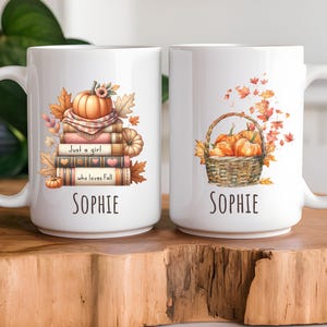 Personalized Fall Mug for Women with Name and Pumpkins – Just a Girl Who Loves Fall Autumn Book Stack & Basket Design | Custom Gift Idea
