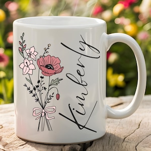 Personalized Floral Mug with Name, Custom Flower Coffee Cup Gift for Women, Friends, Moms, Spring Birthday, Bridesmaid or Mother&#39;s Day