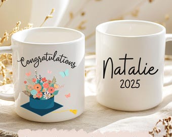 Personalized Graduation Mug for Her - Custom Name & Year - Floral Cap Congrats Mug - 2025 Grad Gift - College or High School