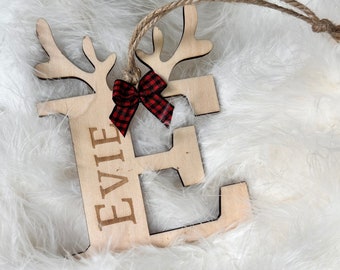 Personalized Wooden Reindeer Antler Letter with Name Christmas Tree Ornament