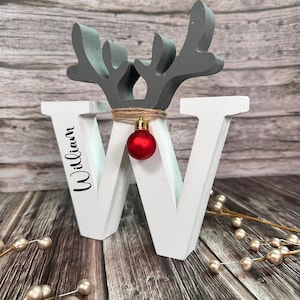Personalized Wooden Letter with Reindeer Antlers. Custom Freestanding Christmas Decoration. Holiday Name Gift. Rustic Ornament Decor