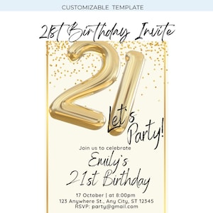21st birthday invitation, Editable Canva Template, Gold Glitter invitation