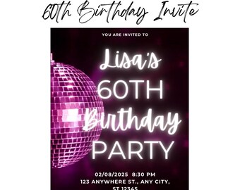 Invitación editable para 60 cumpleaños, invitación de cumpleaños disco, plantilla de Canva para cualquier edad