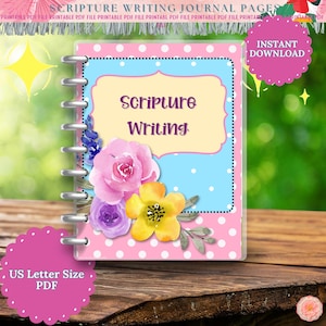 May include: A spiral-bound journal with a pink cover featuring white polka dots. The journal's center has a light blue background with the words "Scripture Writing" in a decorative font. Floral watercolor accents include pink, yellow, and purple flowers. The journal is labeled "US Letter Size PDF".