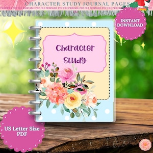 Peut inclure: Une page de journal imprimable avec un motif floral et le texte "Character Study" dans un cadre rose et jaune. La page est conçue pour être utilisée dans un planificateur à reliure à disque.