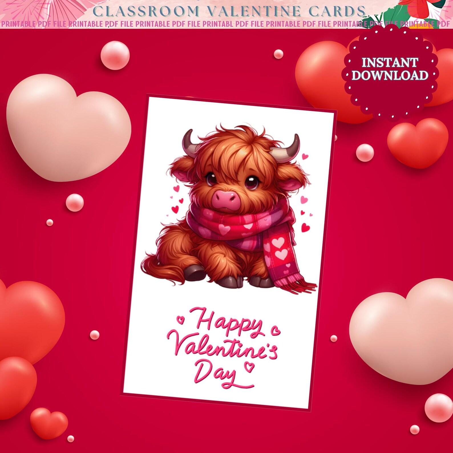 Highland Cow Valentine Cards | Kids Classroom Printable (PDF) - Etsy