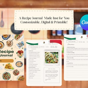 Digital Recipe Journal Template 15 Recipes + Blank Pages Breakfast/Lunch/Dinner DIY Cookbook for Canva Printable PDF Gift - Instant Download