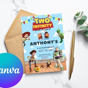 May include: A birthday invitation featuring characters from the movie "Toy Story." The invitation is light blue with the text "TWO INFINITY and beyond" and "ANTHONY'S 2nd BIRTHDAY! OCT 13 SAT." The invitation is in an envelope with a gold pen and greenery.