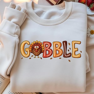Embroidered Gobble Turkey Sweatshirt, Thanksgiving Shirt