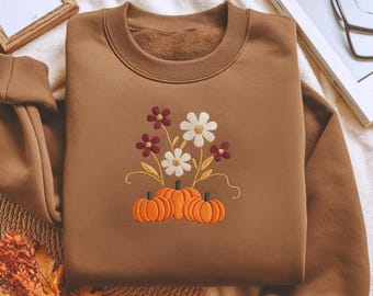 Embroidered Fall Pumpkin & Wildflower Shirt: Women's Autumn Tee