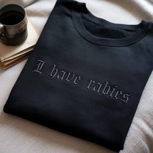 May include: Black sweatshirt with the embroidered phrase "I have rabies" in gothic lettering. A ceramic mug and a stack of books are visible in the background, suggesting a cozy setting. The sweatshirt is folded neatly.