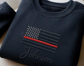 Custom Embroidered Firefighter Sweatshirt | Red Line Flag Name Apparel