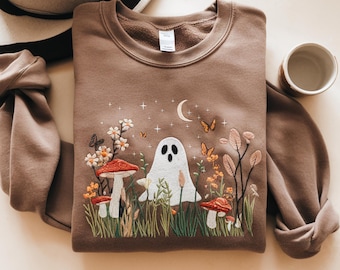 Embroidered Halloween Ghost Sweatshirt: Spooky Wildflower Floral Tee