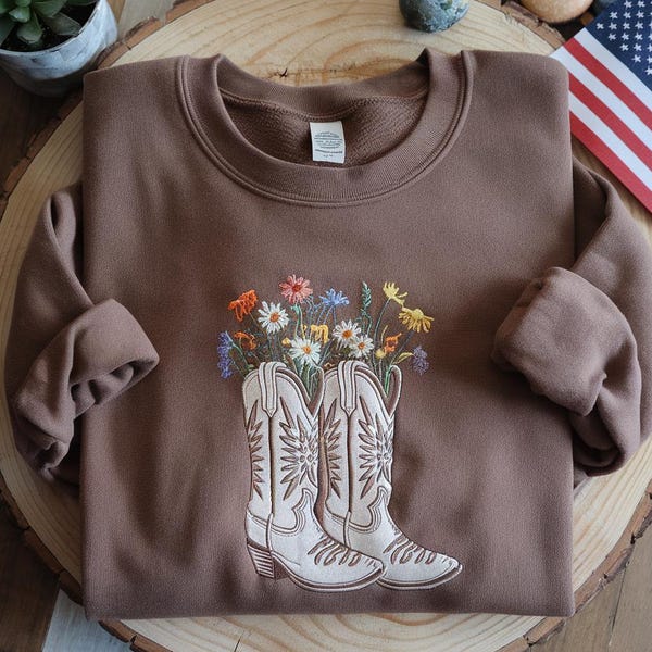 Embroidered Cowboy Boots Sweatshirt, Western Floral Graphic Tee, Cowgirl Apparel