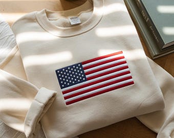 Embroidered American Flag Sweatshirt: Patriotic 4th of July USA Gift