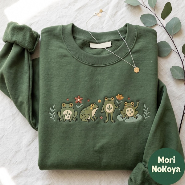 Floral Frog  Embroidered Sweatshirt, Botanical Amphibian Nature Shirt, Cottagecore  Style Top