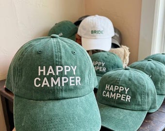 Embroidered Happy Camper Hat, Washed Cap, Outdoor Bachelorette Tee