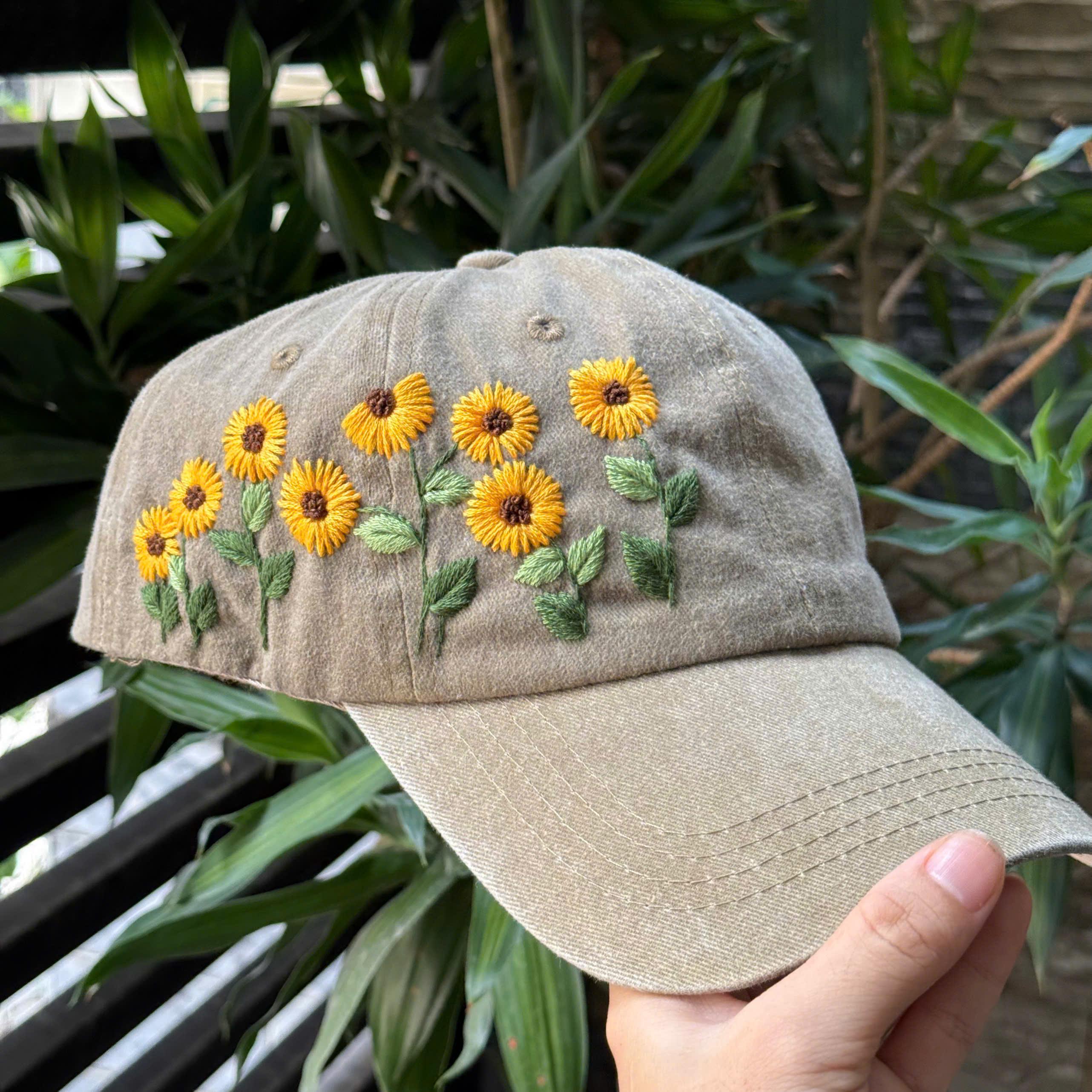 Hand-Embroidered Wildflower Baseball Cap: Washed Cotton Botanical Hat