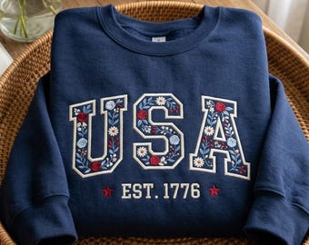 Embroidered Floral USA Sweatshirt, Est 1776 Patriotic Flower Graphic Tee