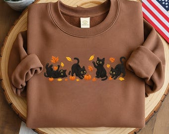 Embroidered Black Cat Pumpkin Sweatshirt: Spooky Halloween Crewneck