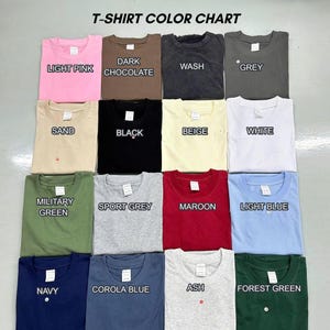 May include: A T-SHIRT COLOUR CHART displaying fifteen folded crew neck t-shirts in various colours including light pink, dark chocolate, wash, grey, sand, black, beige, white, military green, sport grey, maroon, light blue, navy, corola blue, and ash.