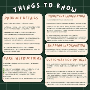 Puede incluir: Gr&aacute;fico verde con texto blanco que proporciona informaci&oacute;n sobre sudaderas, sudaderas con capucha y camisetas. Incluye detalles del producto, instrucciones de cuidado y opciones de personalizaci&oacute;n. El texto est&aacute; en una fuente clara y legible.