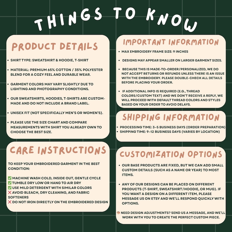 Puede incluir: Gr&aacute;fico verde con texto blanco que proporciona informaci&oacute;n sobre sudaderas, sudaderas con capucha y camisetas. Incluye detalles del producto, instrucciones de cuidado y opciones de personalizaci&oacute;n. El texto est&aacute; en una fuente clara y legible.