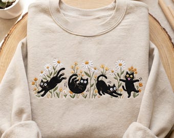 Sudadera con bordado de gato negro, camiseta de cuello redondo, regalo para amantes de los gatos.