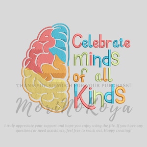 Könnte beinhalten: Stickdatei „Feiere Köpfe aller Art“ mit einer bunten Gehirngrafik. Dieses Design ist perfekt für Lehrer, Schüler und alle, die Vielfalt feiern möchten.
