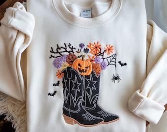 Embroidered Western Sweatshirt: Halloween Cowgirl Boots Graphic Tee