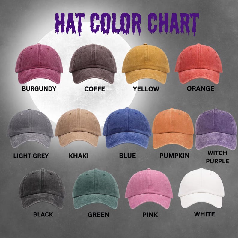 K&ouml;nnte beinhalten: Eine Farbkarte mit Baseballkappen in verschiedenen Farben. Die Farben umfassen Burgunder, Kaffee, Gelb, Orange, Hellgrau, Khaki, Blau, K&uuml;rbis, Hexen-Lila, Schwarz, Gr&uuml;n, Rosa und Wei&szlig;. Der Text "HAT COLOR CHART" steht oben.
